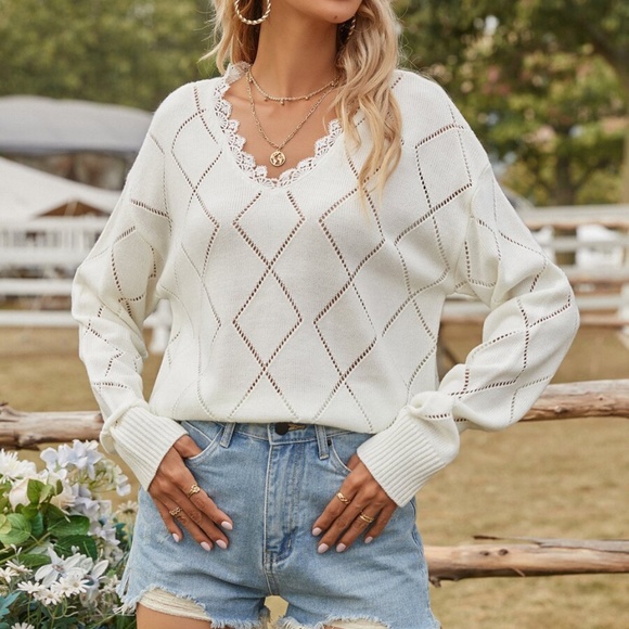 Sweaters - off white v neck lace detail knit sweater fall